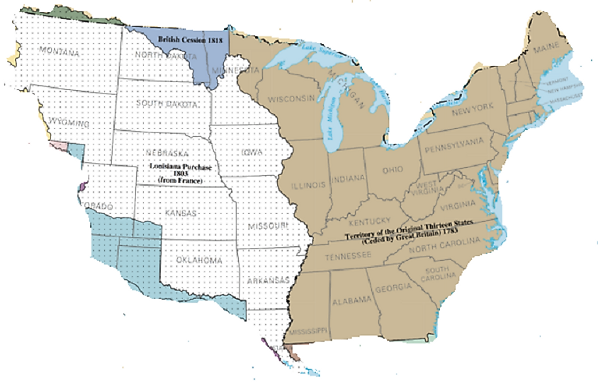 The United States before the Louisiana Purchase (brown) and thereafter (the rest of the map).