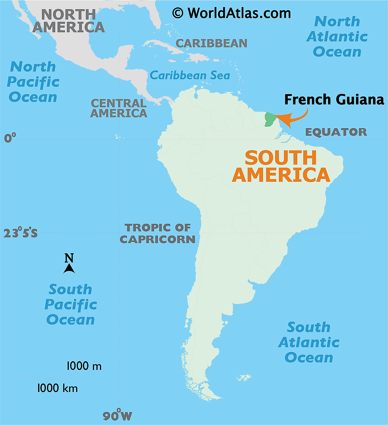 Map showing location of French Guiana in the world.