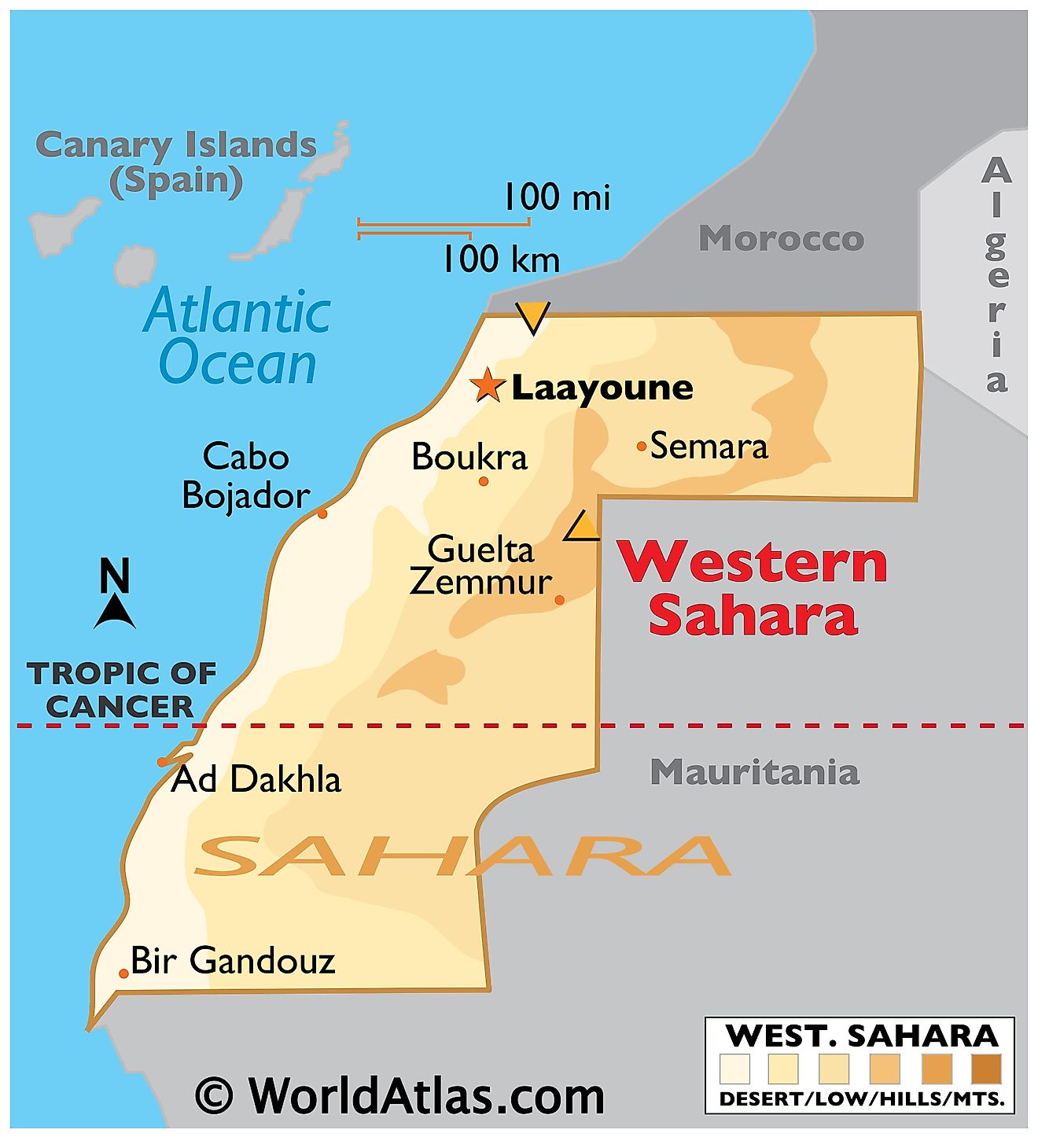 Physical Map of Western Sahara showing desert occupying most of its territory.