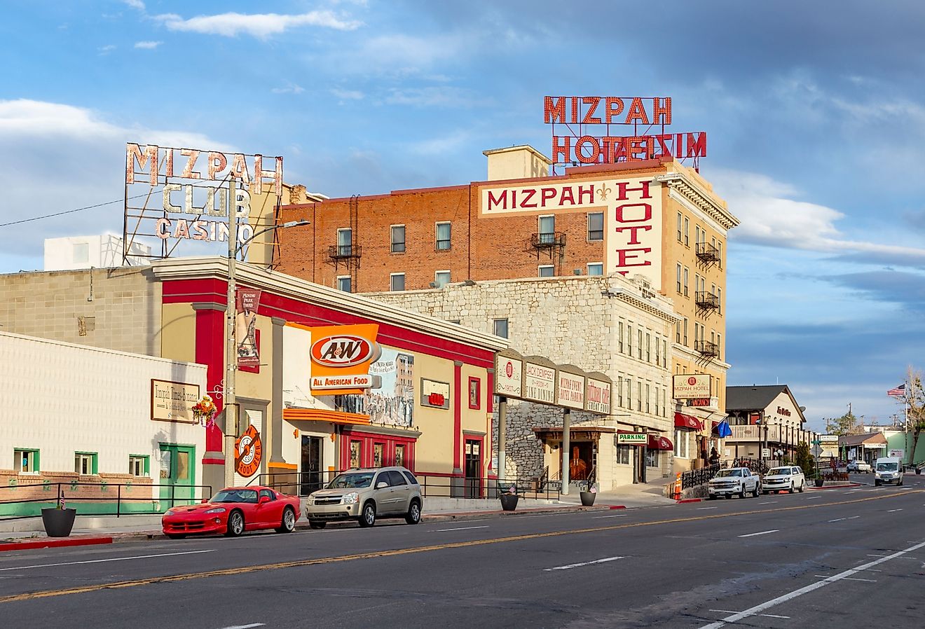 Old historic hotel, casino and bar Mizpah in the old mining town Tonopah, Nevada. Image credit travelview via Shutterstock