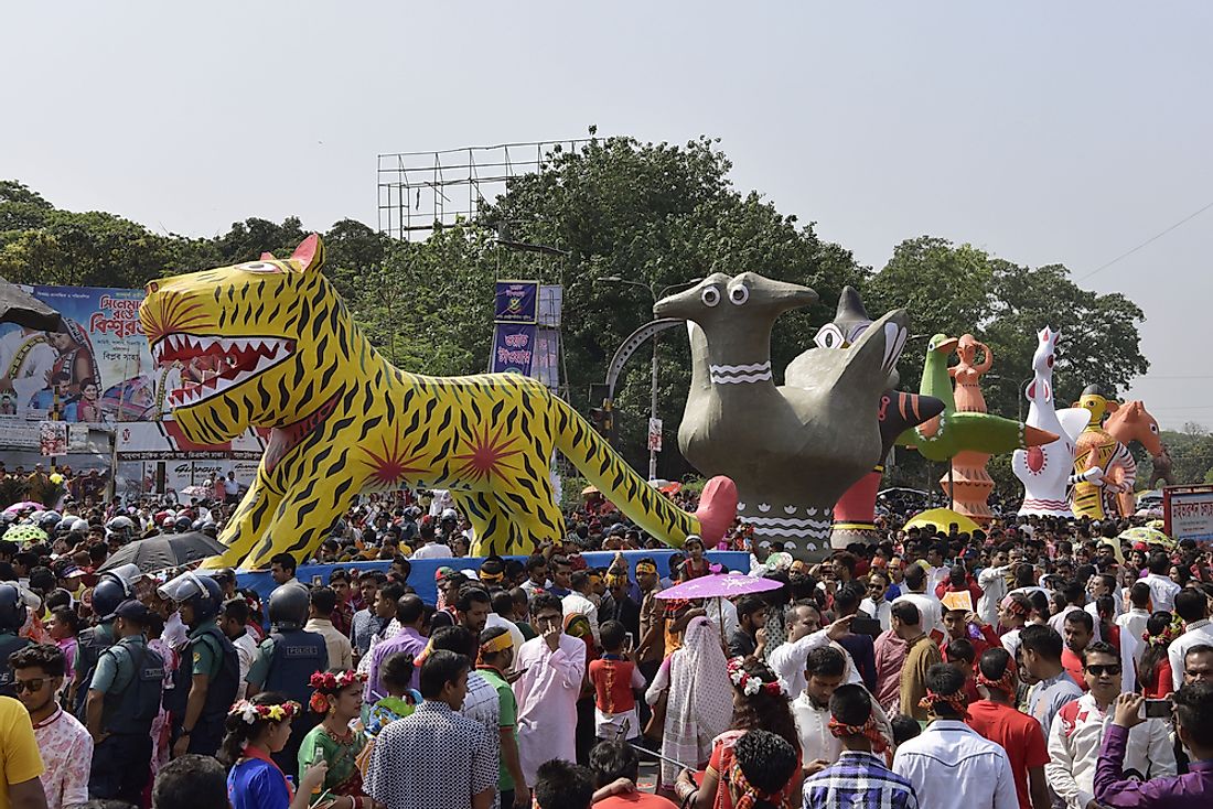 Celebrations of Pohela Boishakh, the first day of the year of the Vikram Samvat Calendar, in Dhaka, Bangladesh. Editorial credit: Sk Hasan Ali / Shutterstock.com