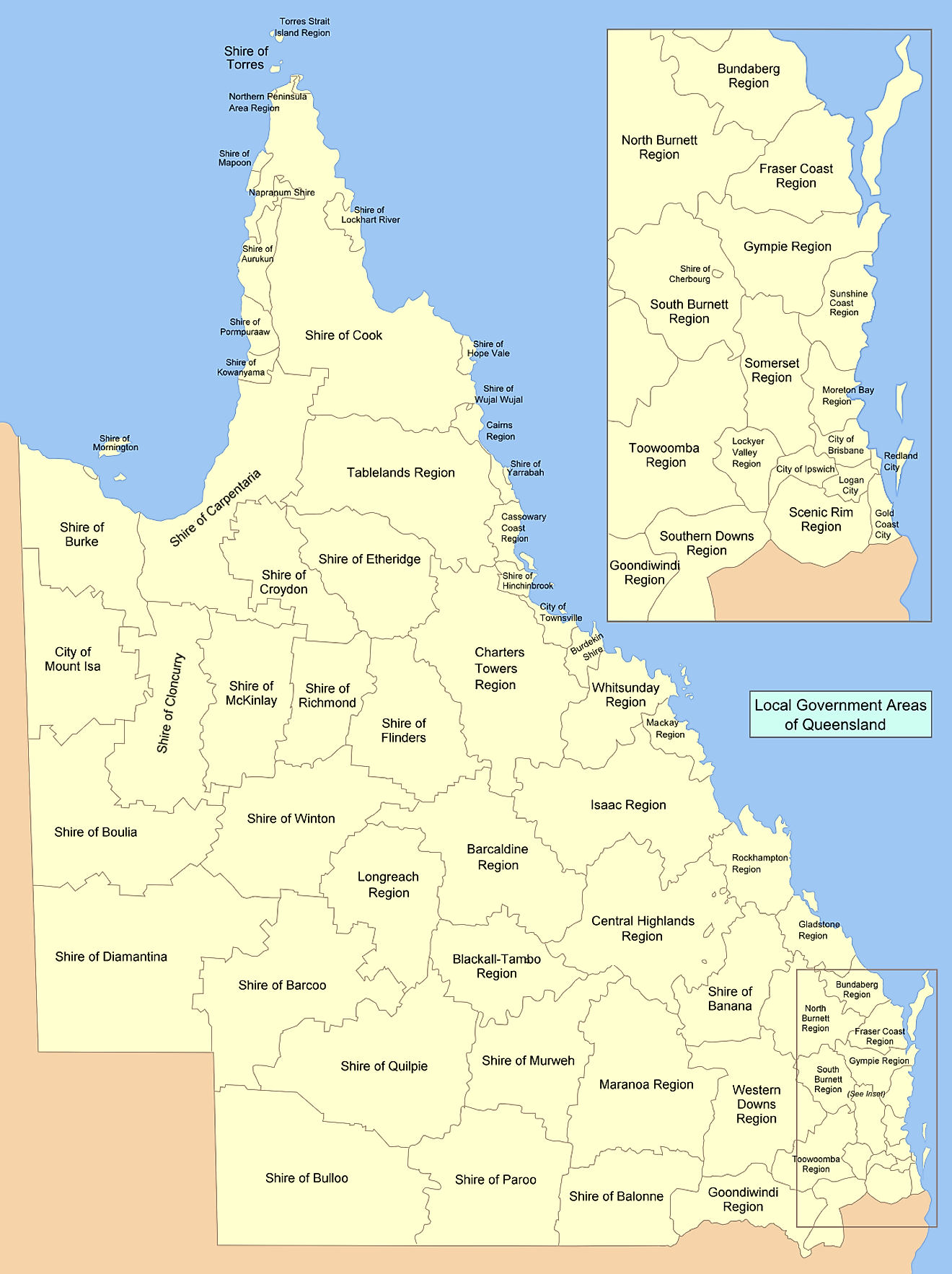 Administrative Map of Queensland showing its local government areas.