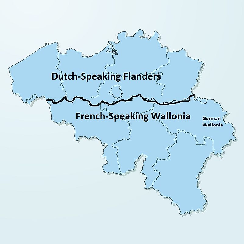 A map of Belgium illustrating Flanders in the north and Wallonia in the south.