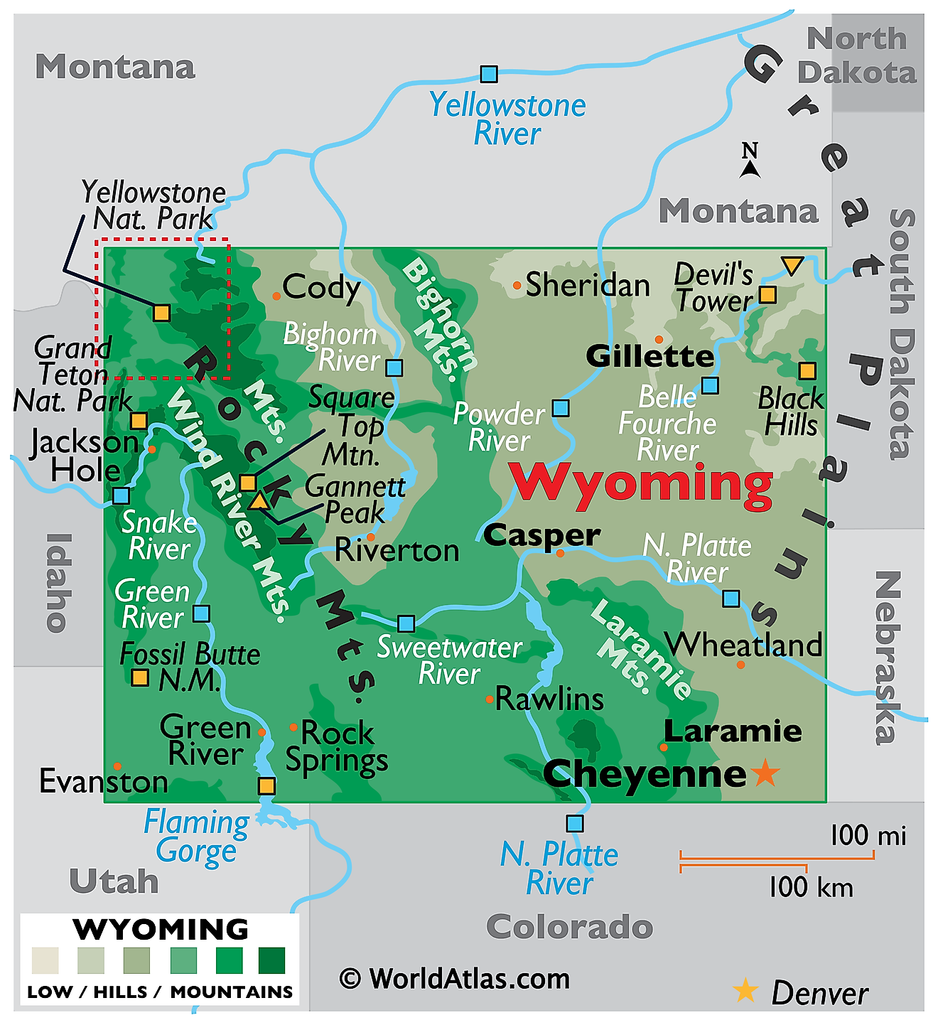 Physical Map of Wyoming. It shows the physical features of Wyoming including its mountain ranges, major rivers and lakes. 