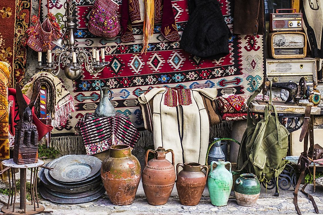 Albanian folk crafts available for sale at a market. Editorial credit: Sun_Shine / Shutterstock.com.