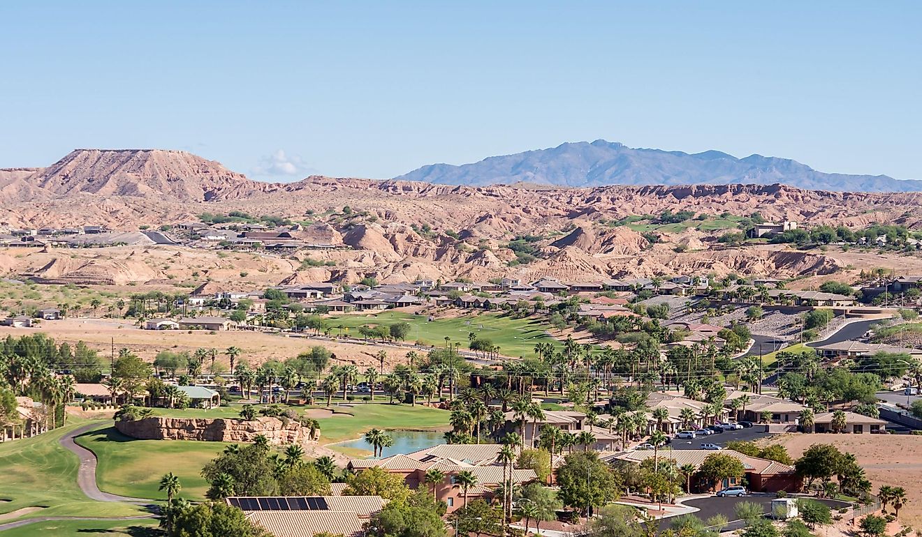 Picturesque Mesquite, Nevada, nestled in a valley amongst mesas and mountains. 