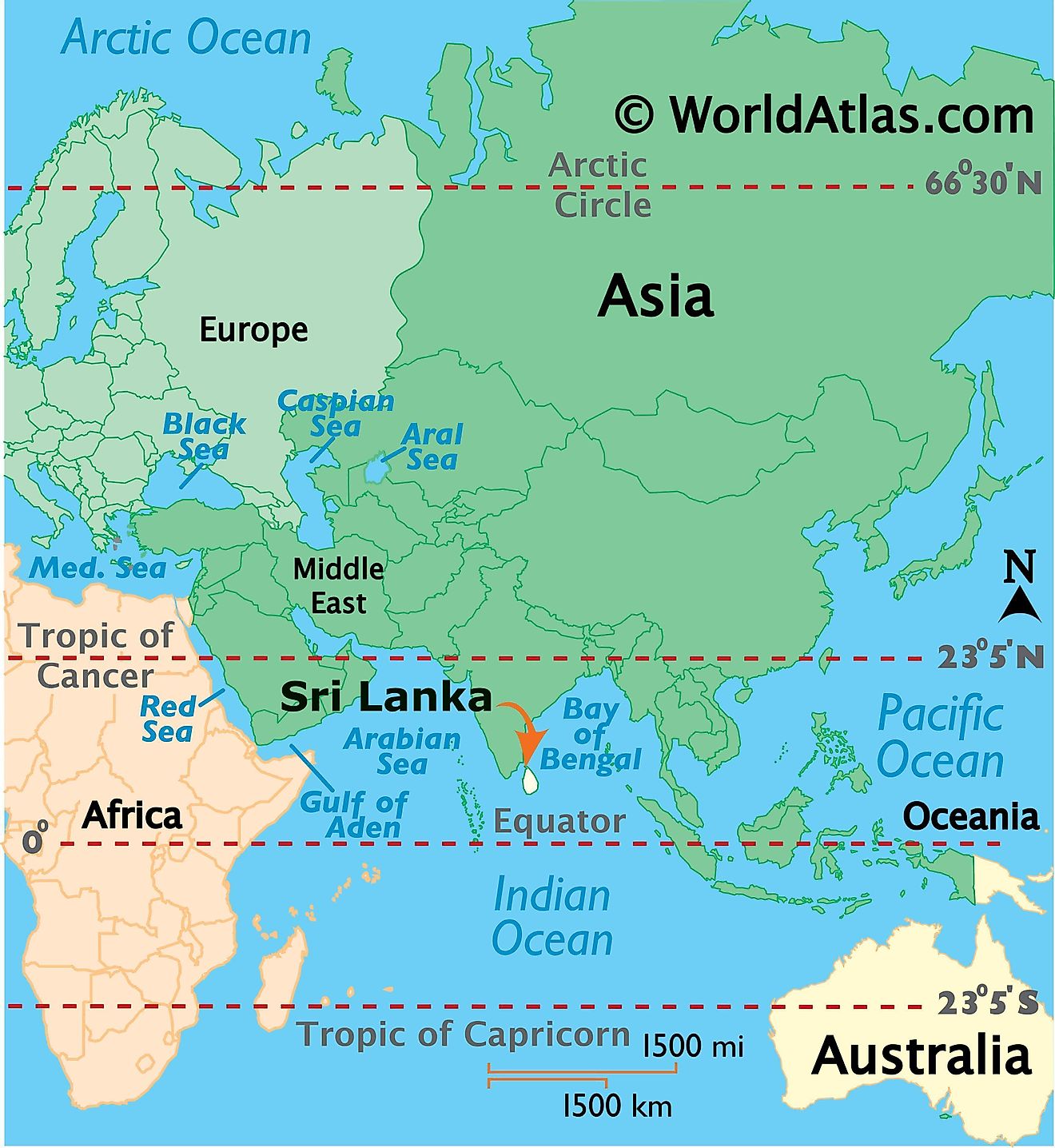 Map showing location of Sri Lanka in the world.