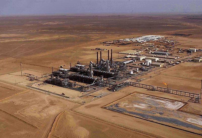 A petrochemicals processing facility sprawls out across the Algerian desert landscape.