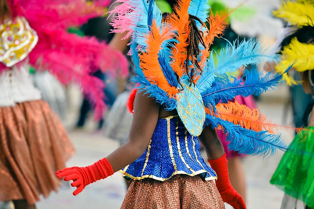 Parade participants dress in colorful feathers for the massive Rio de Janeiro carnival celebration. 