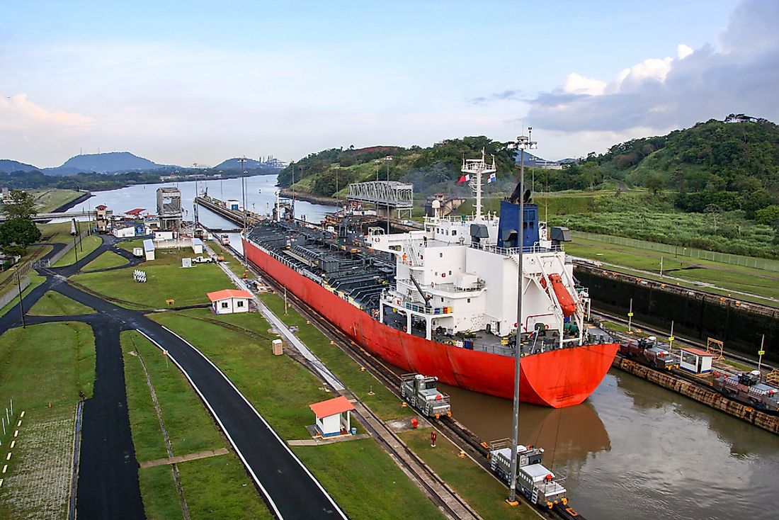 A ship sits in the Panama Canal. 