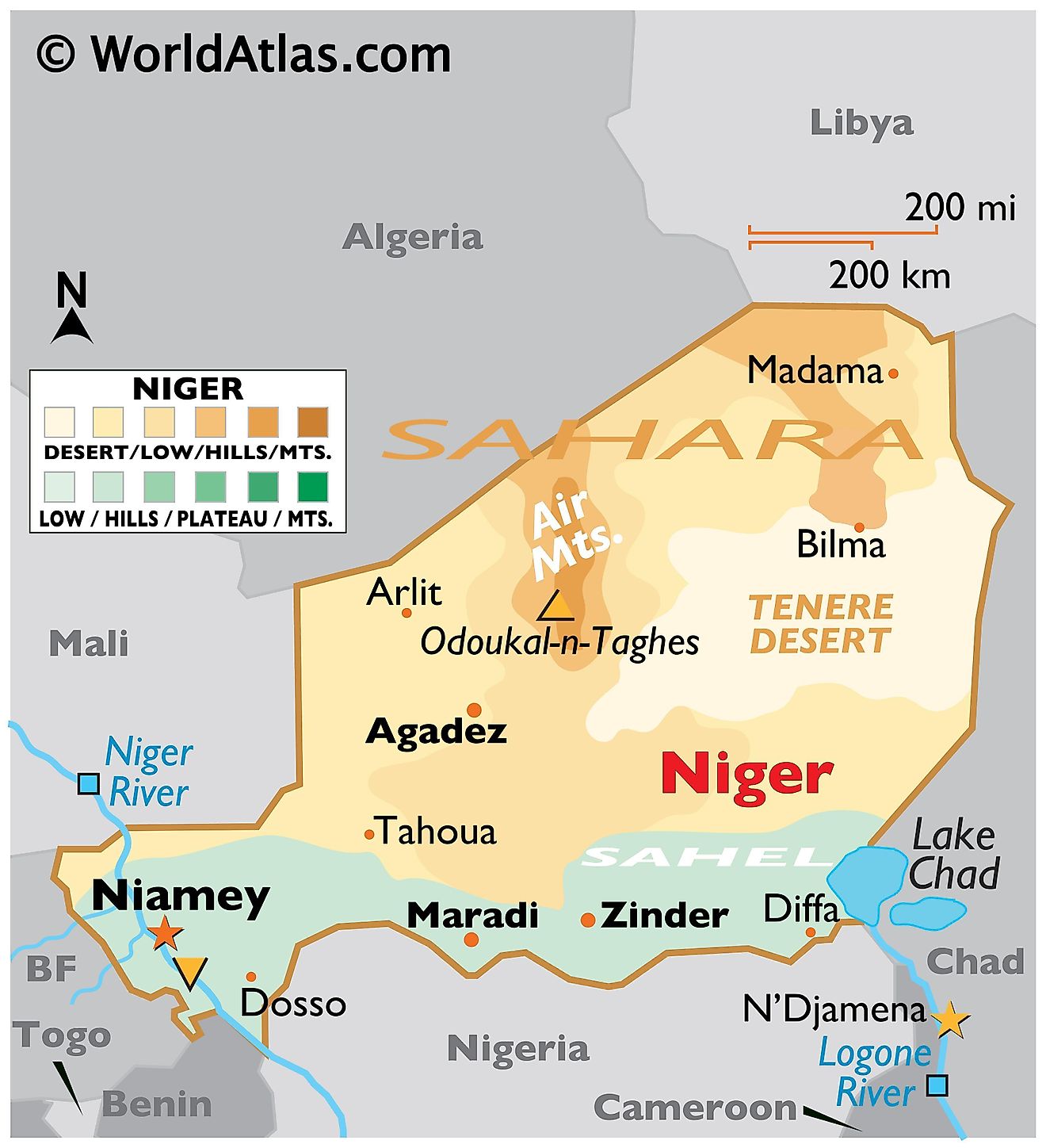 Physical Map of Niger with state boundaries. It shows the physical features of Niger with relief, major mountain peaks, rivers, lakes, major cities, etc.