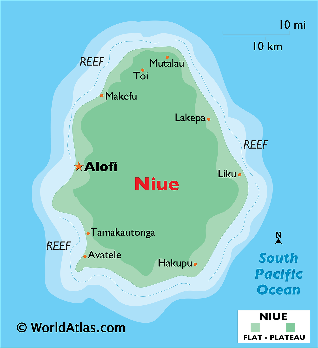 Physical Map of Niue showing relief, important settlements, etc.
