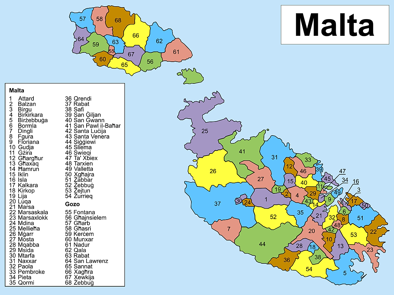 Political Map of Malta showing its 68 localities and the capital city Valletta. Credit: Shazz/Wikimedia.org