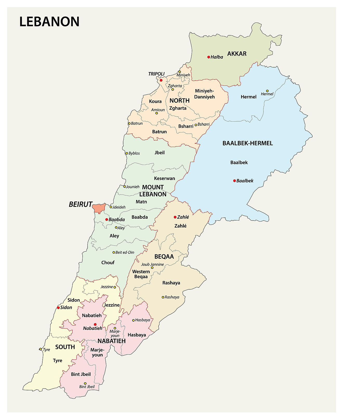 Political Map of Lebanon showing the 8 governorates, their capitals, and the national capital of Beirut.