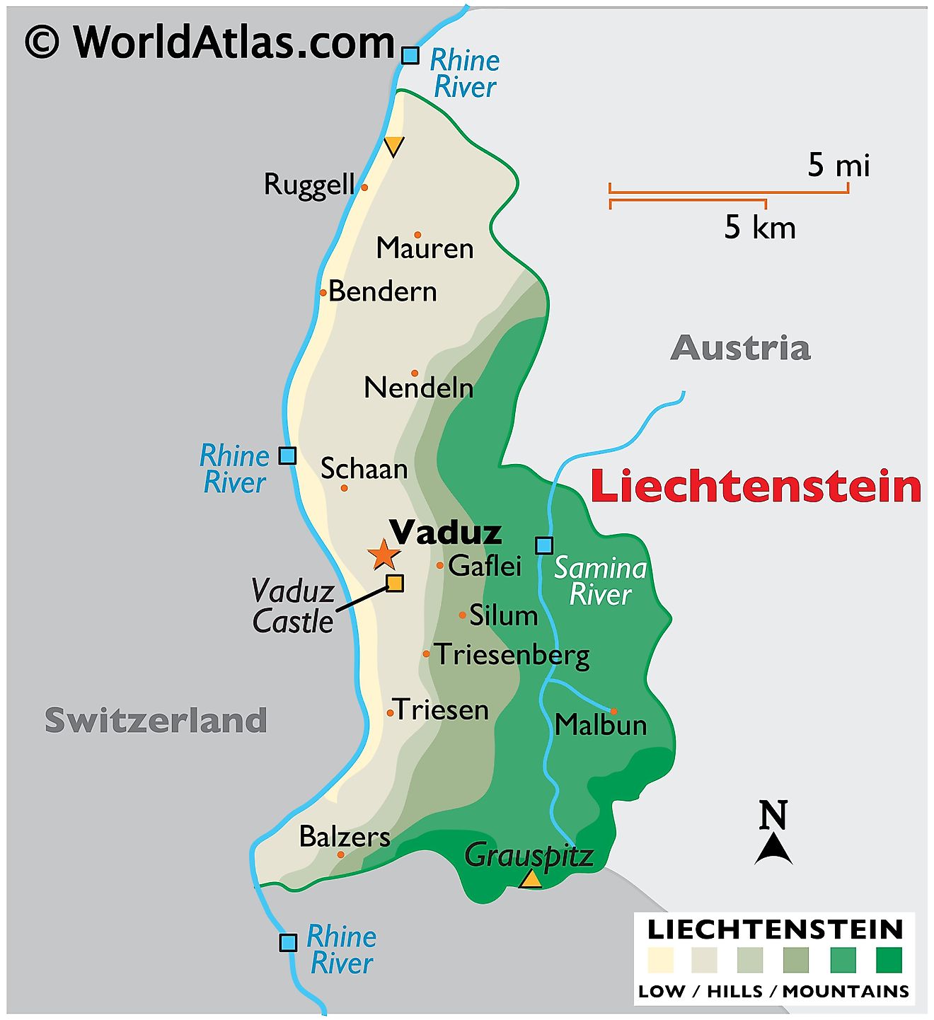 Physical Map of Liechtenstein showing terrain, highest and lowest points, major rivers, international boundaries, etc.