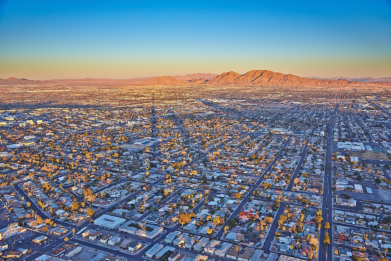 Top view of the sunset, mountains and houses, Las Vegas, Nevada, USA. Image credit: Yuriy Y. Ivanov/Shutterstock.com