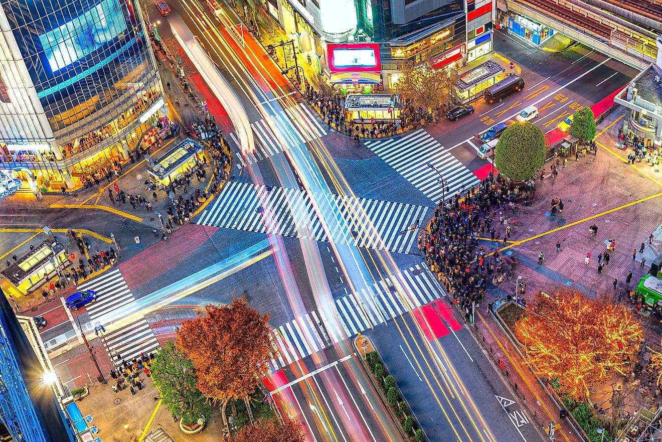 Aerial view of Shibuya Crossing, Tokyo. The scramble crosswalk is one of the largest in the world. 