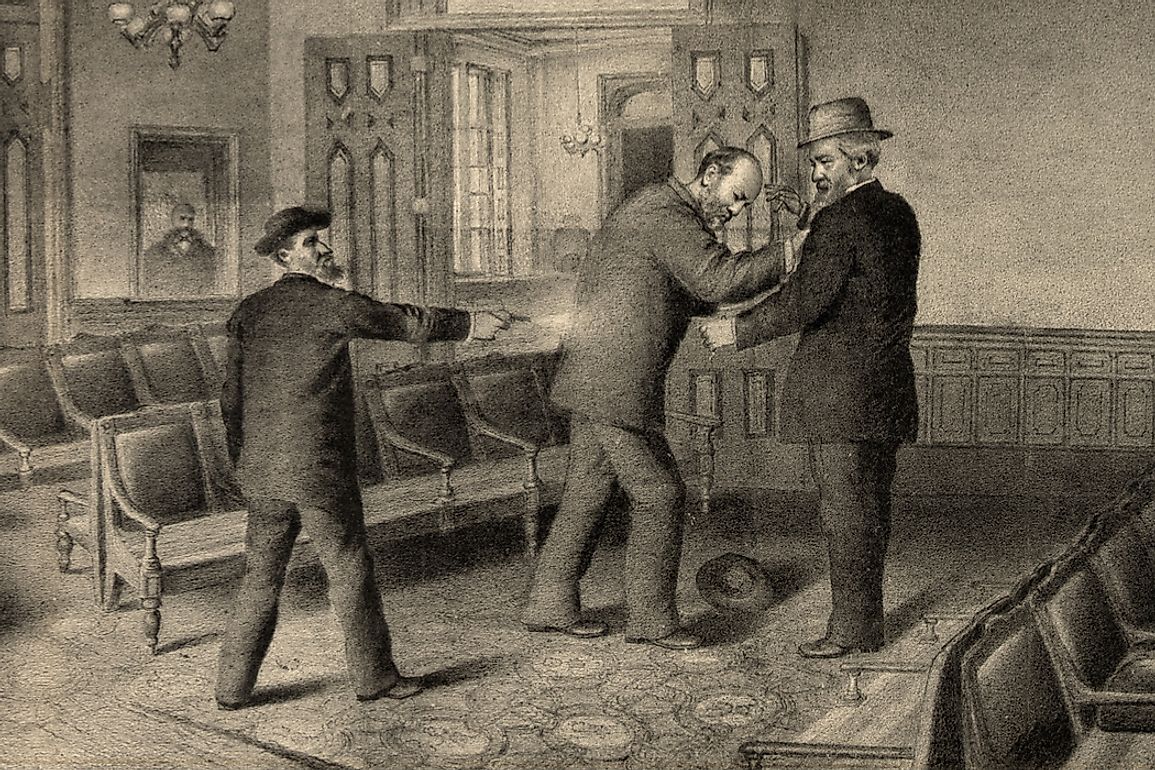Engraving of the assassination of President Garfield by Charles Guiteau on July 2, 1881.