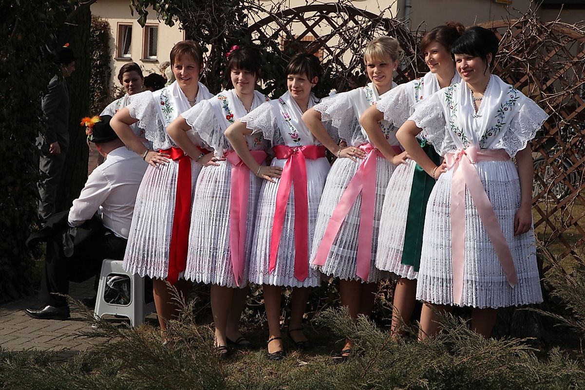 Sorb women in traditional festive attire at a carnival in Turnow, a village in Lower Lusatia in the German state of Brandenburg near the Polish border.