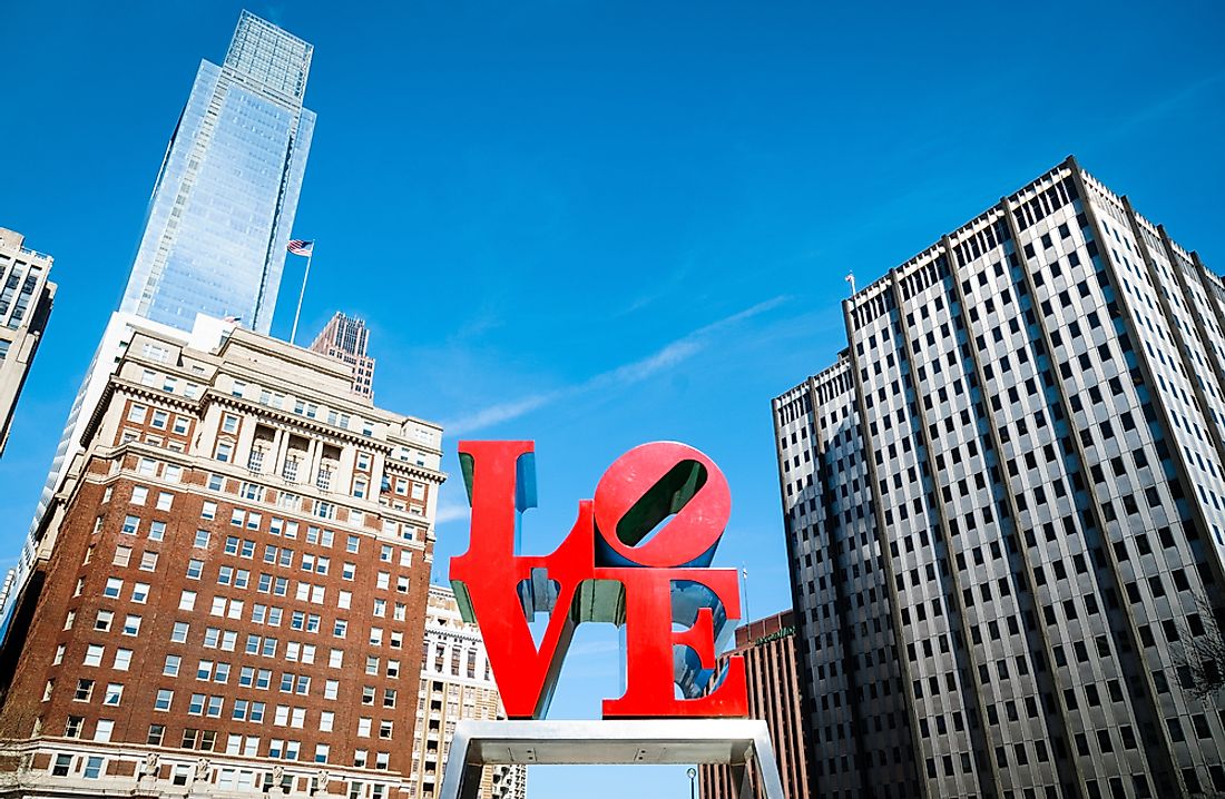 Downtown Philadelphia with its iconic "LOVE" sign. 