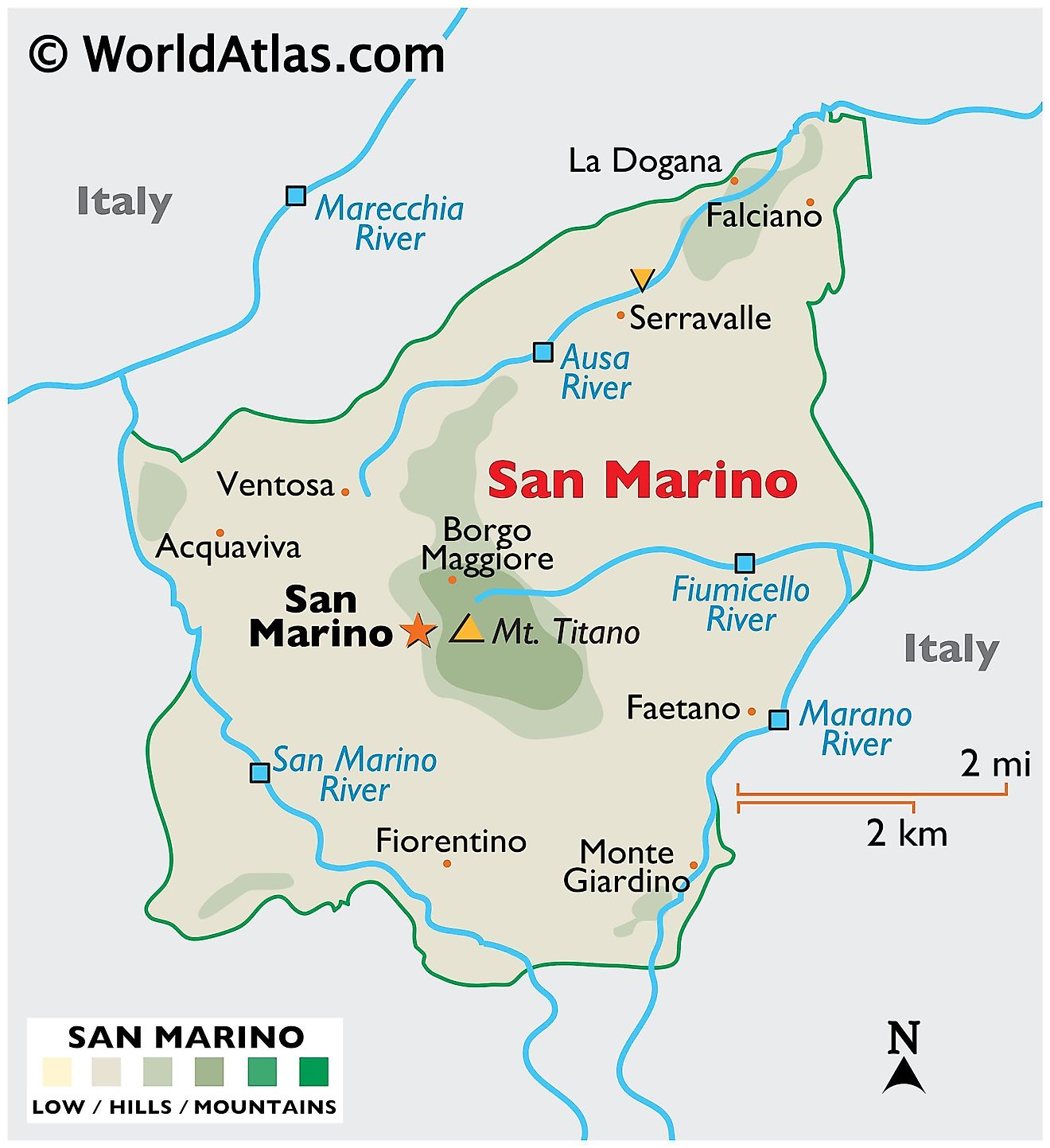 Physical Map of San Marino showing its relief, extreme points, rivers, etc.