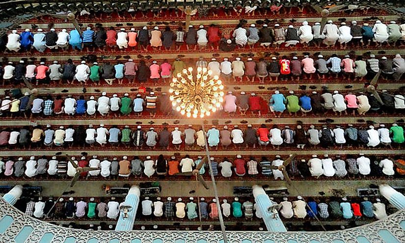 Muslims praying in a mosque in Bangladesh.