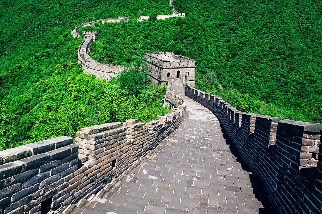Much of the Great Wall of China running through the mountains is made of stone and bricks.