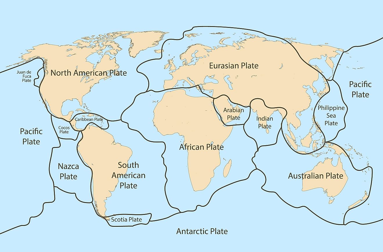 Tectonic plates outlined on the globe.