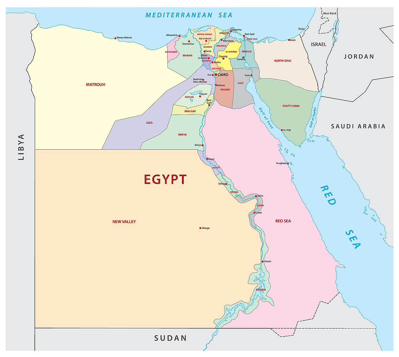 Political Map of Egypt displaying 27 governorates, their capitals, and the national capital of Cairo.