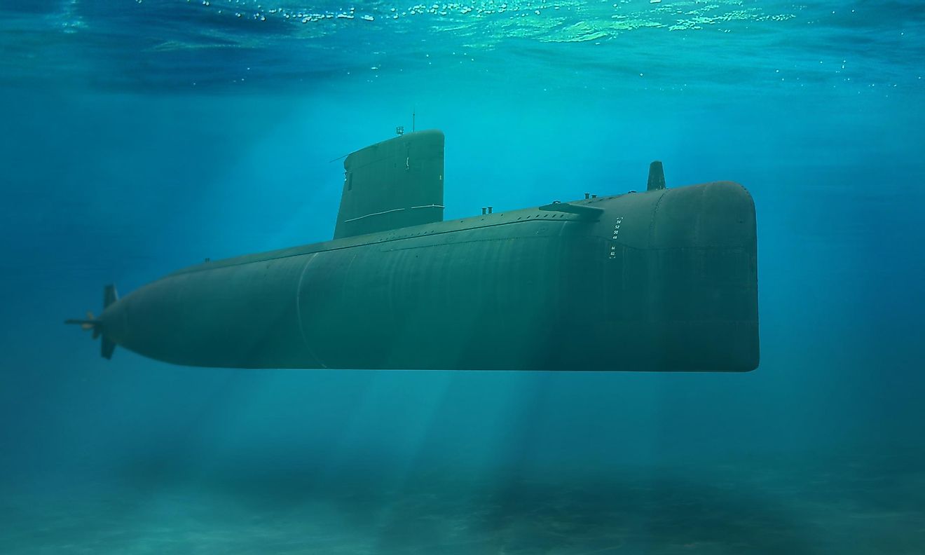Naval submarine submerged deep underwater. Image credit: noraismail/Shutterstock