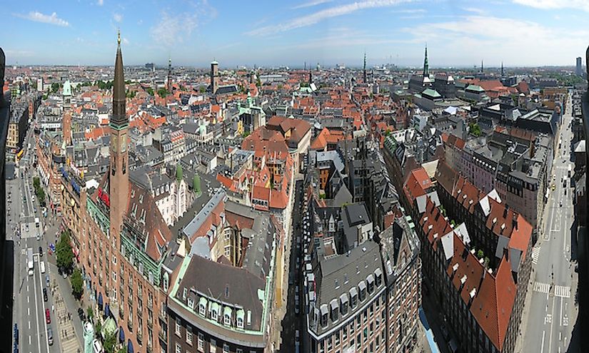 The city skyline of Copenhagen features many towers and spires.