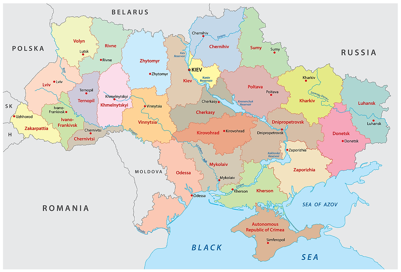 Political Map of Ukraine showing 24 provinces and the capital city of Kiev.