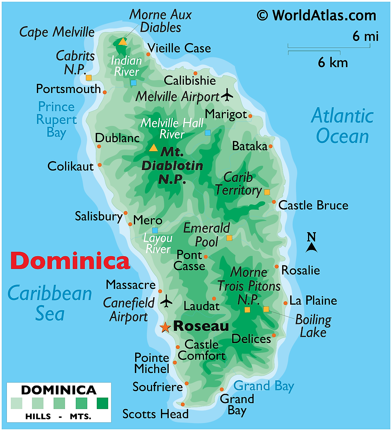 Physical Map of Dominica showing terrain, highest point, important settlements, airports, surrounding water bodies, etc.