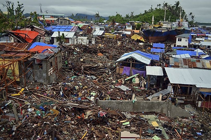 A demolished area of the Filipino city of Tacloban after being struck by Typhoon Haiyan in November of 2013.