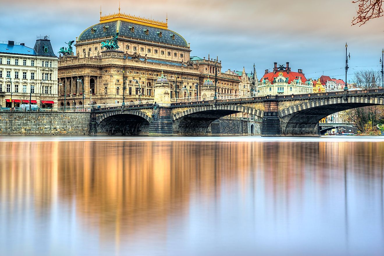 The national theater as seen across the Vitava River, the largest river in the Czech Republic.