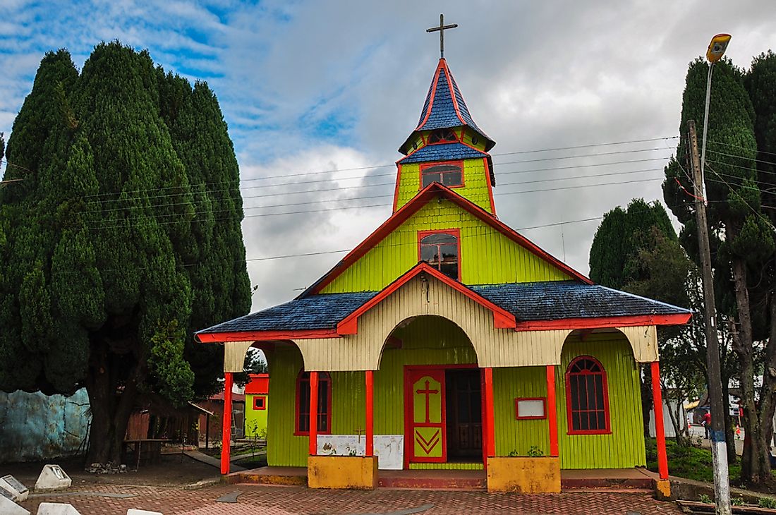 A colorful church in Chiloe Island, Chile. 