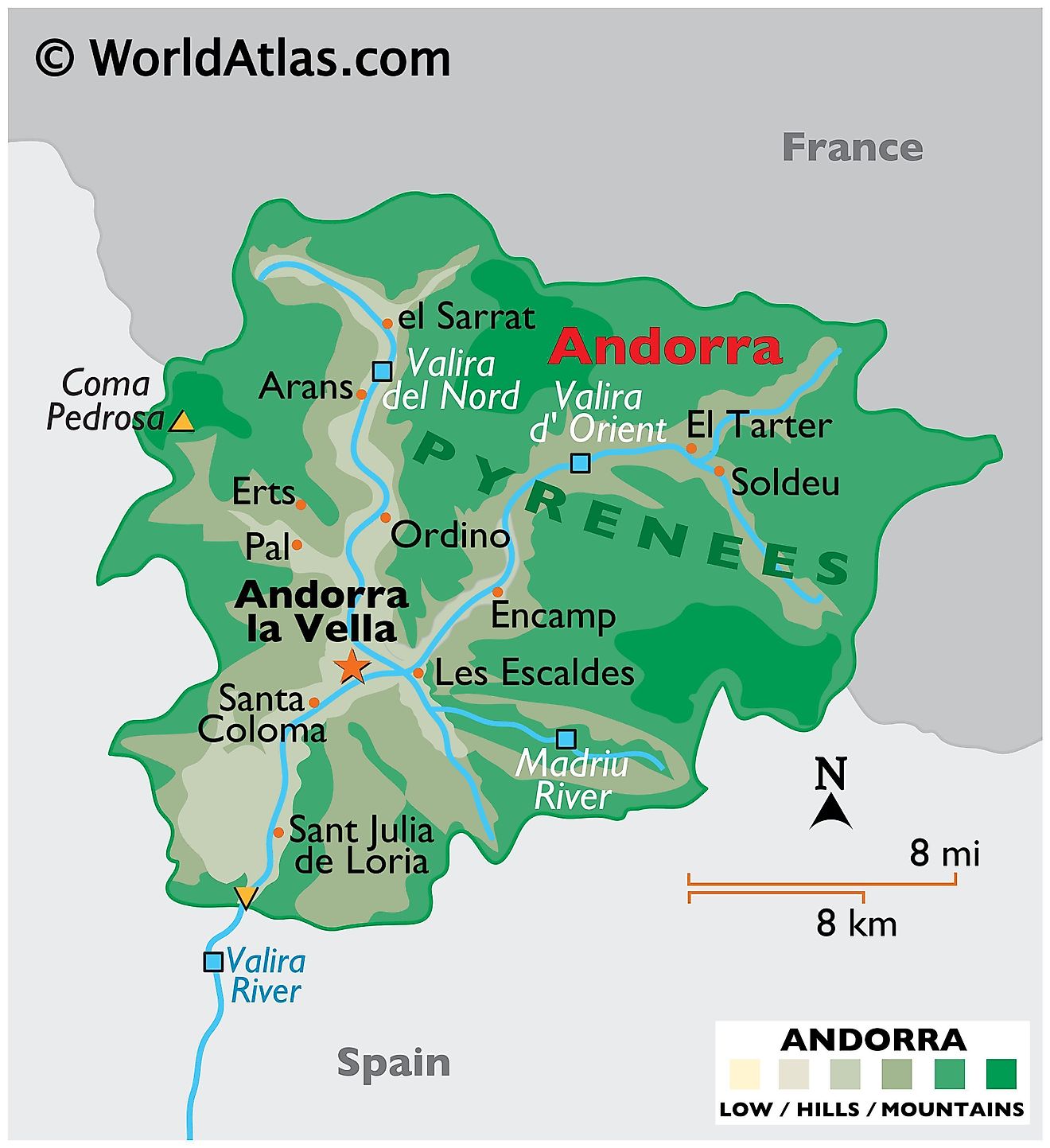 Physical Map of Andorra showing terrain, major rivers, extreme points, mountain ranges, important cities, international boundaries, etc.