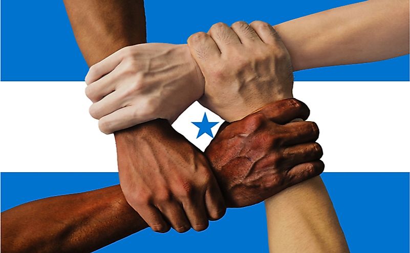 Flag of Honduras, intergration of a multicultural group of young people.