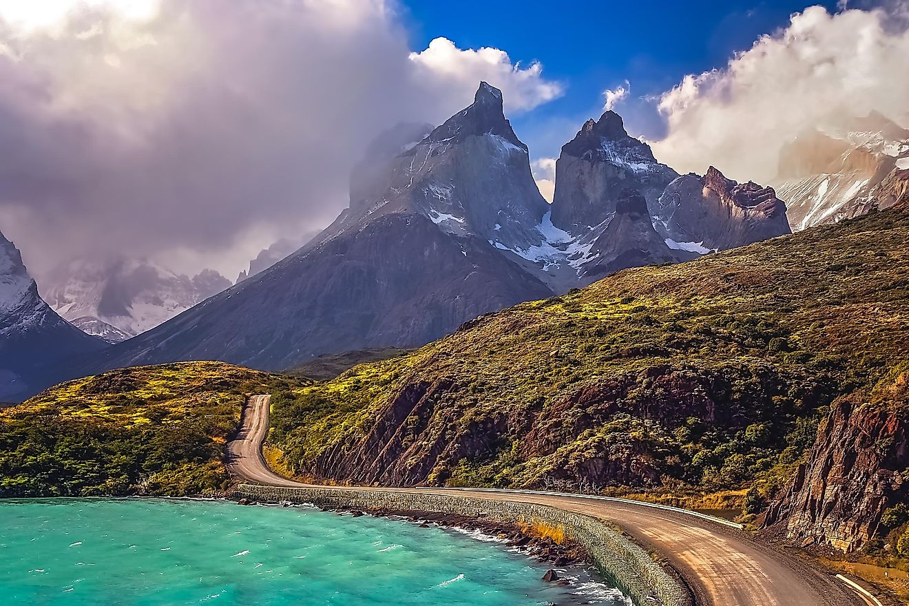 Road leading to Cuernos del Paine in Southern Chile. 