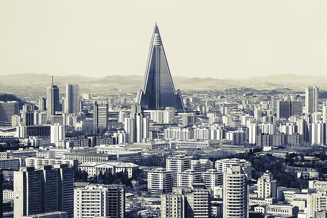 The Ryugyong Hotel stands out prominently in the North Korean capital city of Pyongyang.