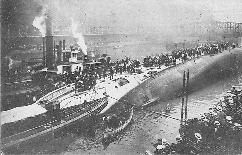 View of SS Eastland from the south side of river after the accident.