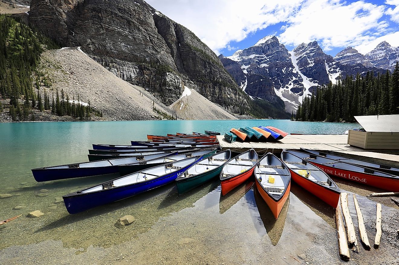 Boats for tourists in the Moraine Lake. Image credit: Vit Ducken from Pixabay 