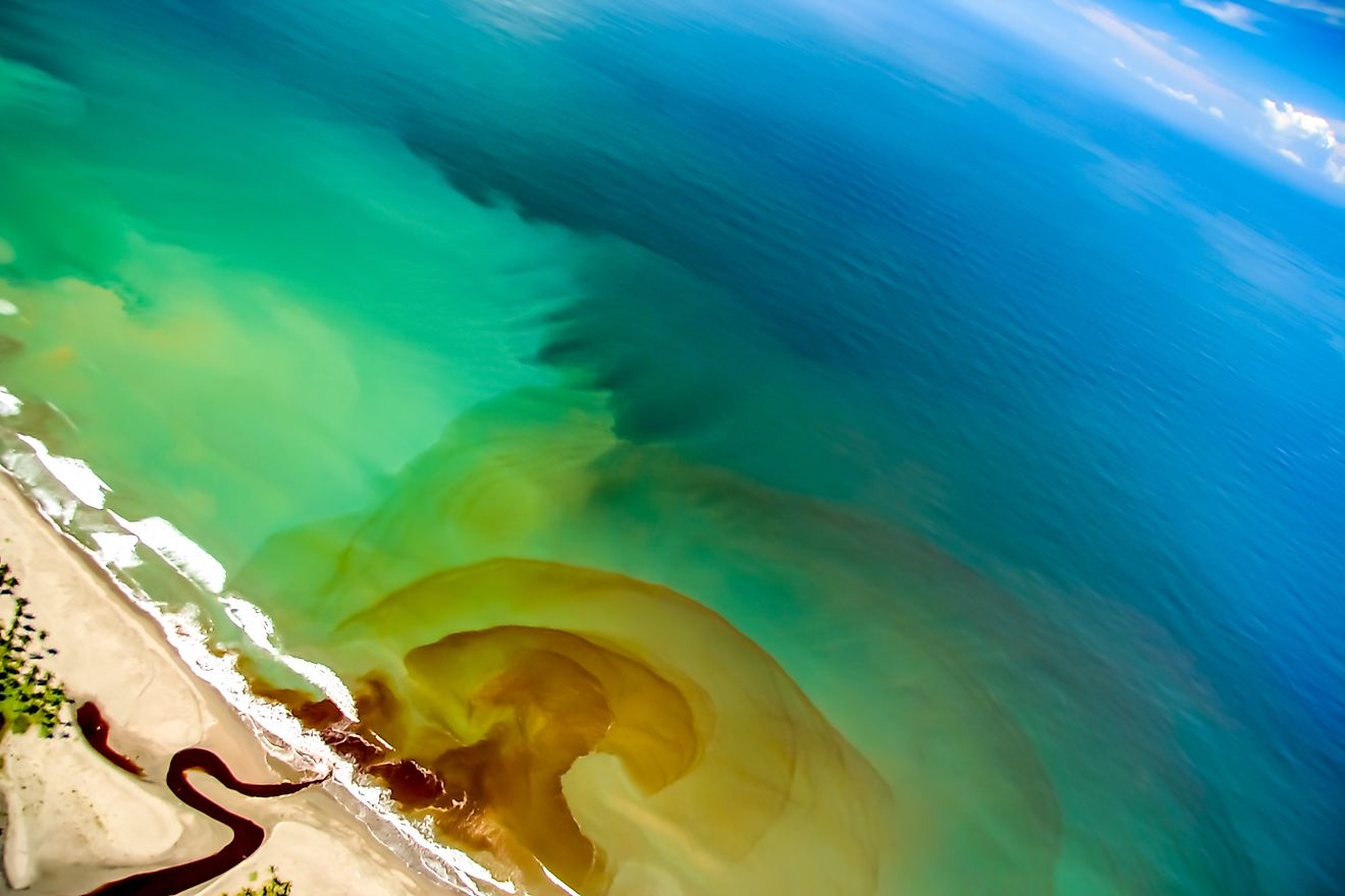 River mouth bringing runoff into the ocean, making many layers of colors in concentric rings. Image credit: Cat-Bee/Shutterstock.com