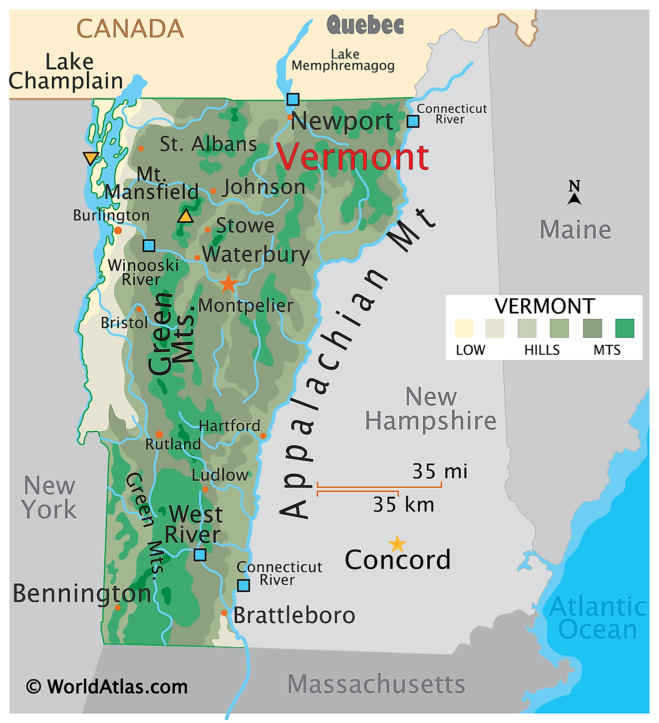 Physical Map of Vermont. It shows the physical features of Vermont including its mountain ranges, rivers and major lakes. 