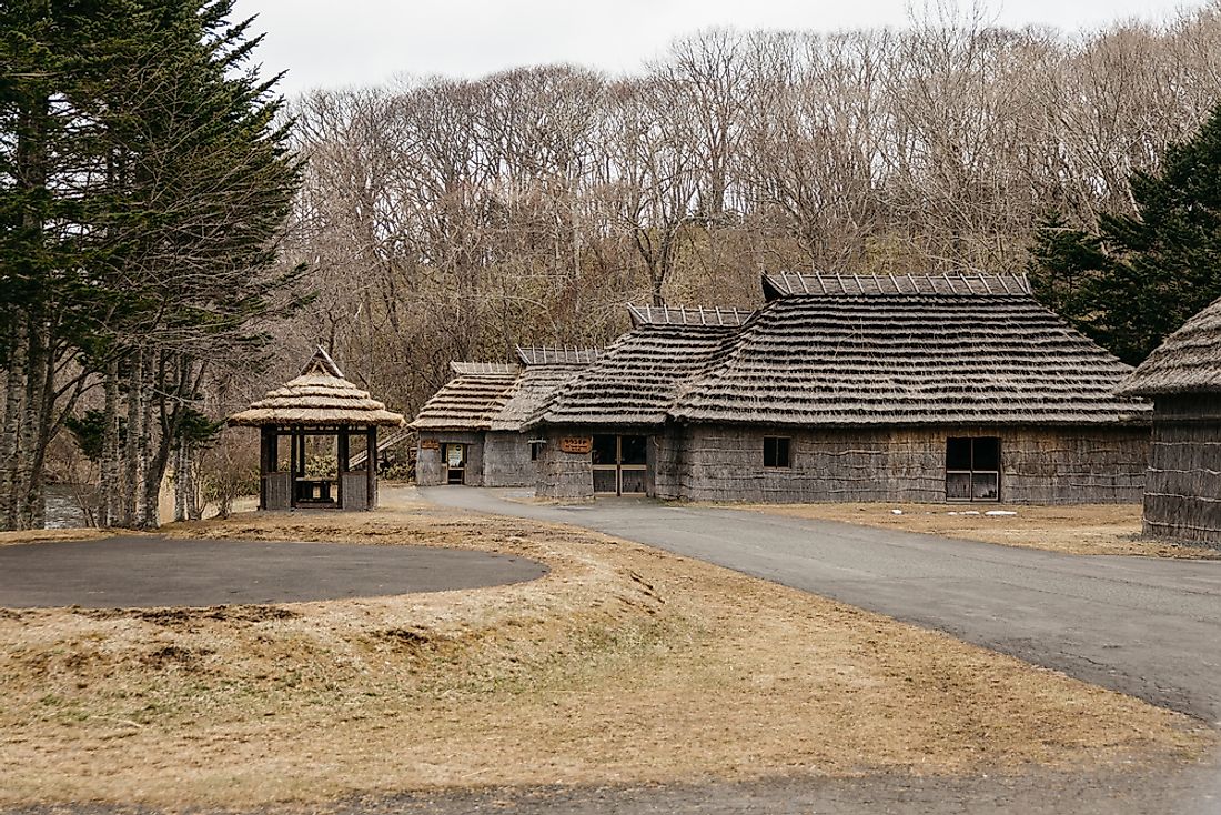 Houses in the Shiraoi Ainu Village Museum in Hokkaido, Japan. 