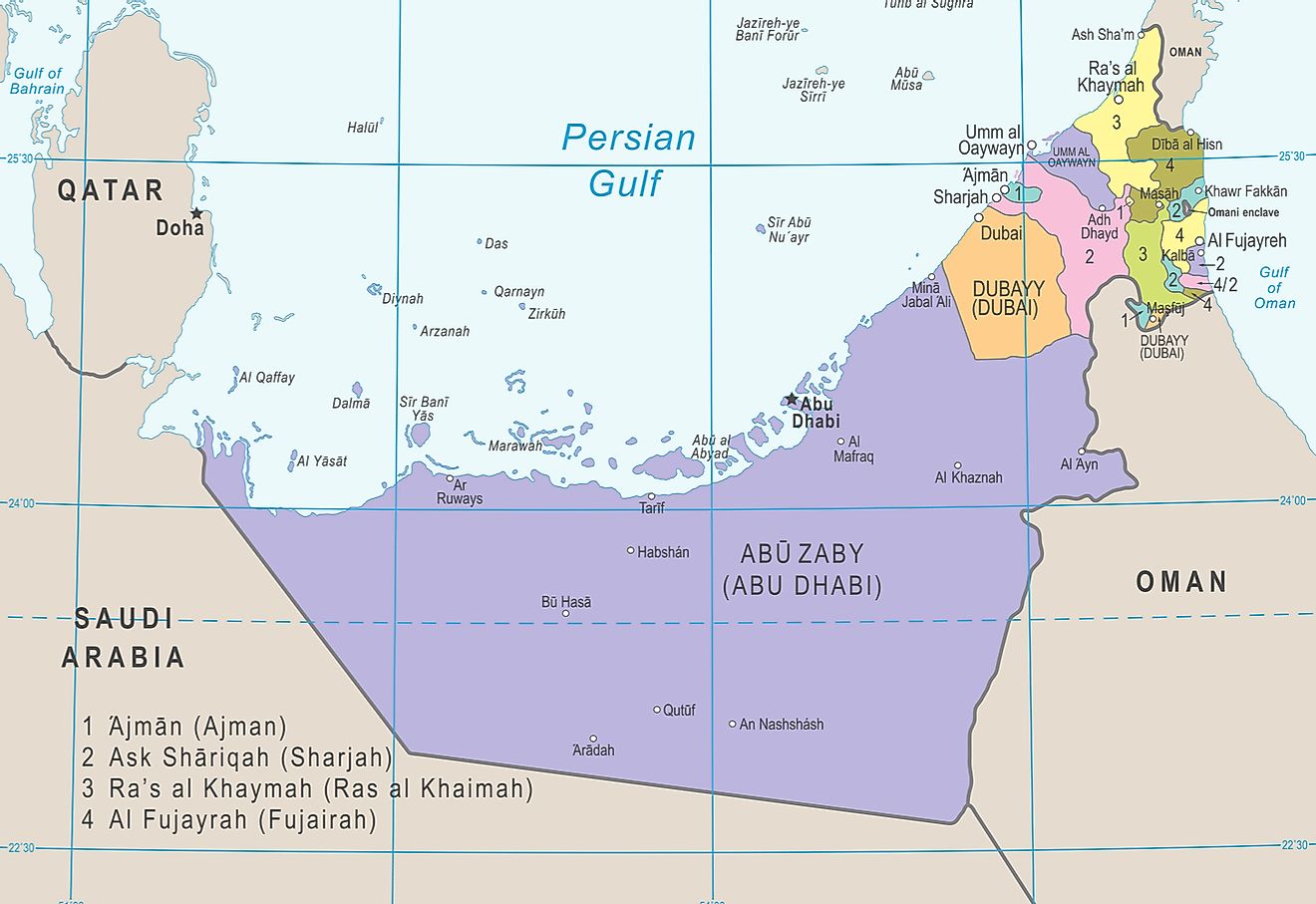 Political map of the United Arab Emirates. 