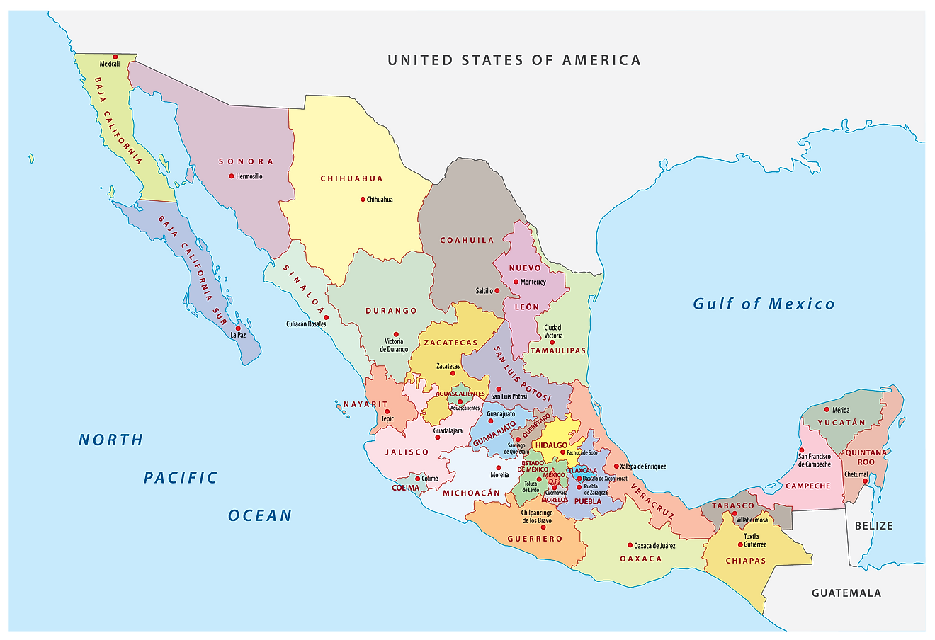 Political Map of Mexico showing its 32 federal entities and the capital Mexico City.