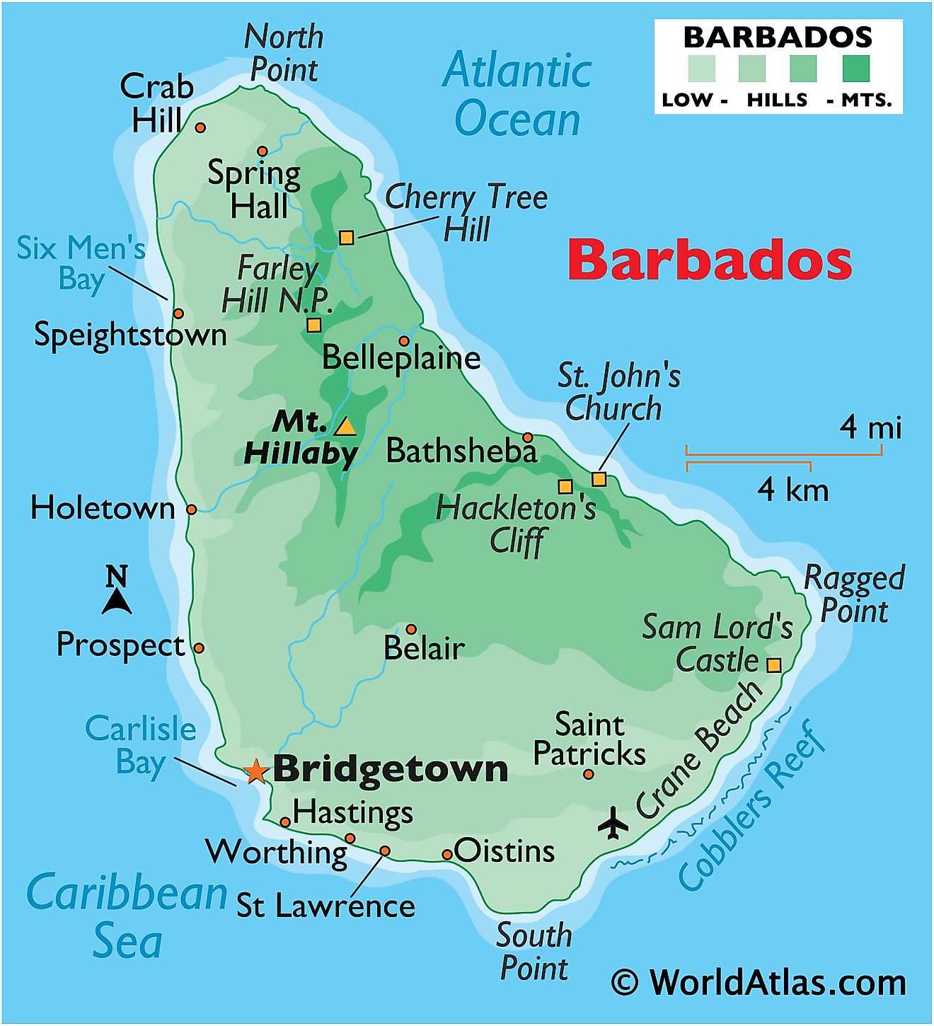 Physical Map of Barbados showing relief, highest point, important settlements, extreme points, and surrounding water features.