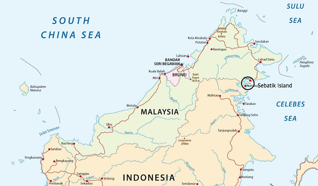 Sebatik Island (circled) is a small island off the island of Borneo.
