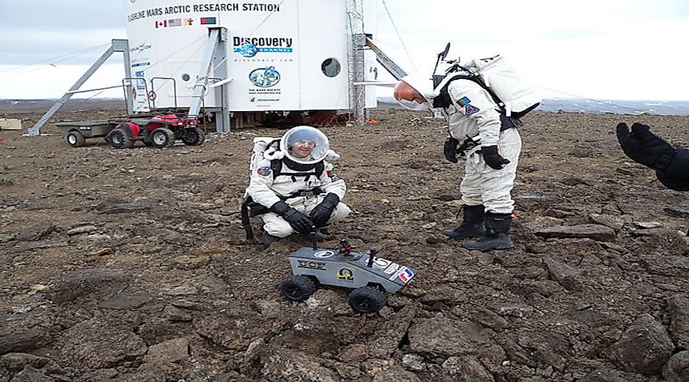 NASA astronauts testing their skills and instruments on Devon Island.